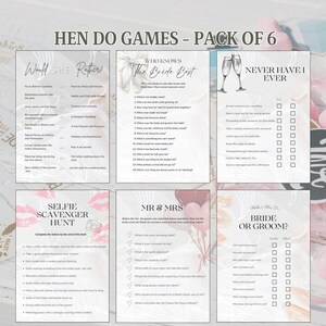 Hen Party Games Bundle, 6 Bridal Shower & Bachelorette Party Game Cards - Printable PDF Pack - Who Knows the Bride, Mr Mrs, Would She Rather