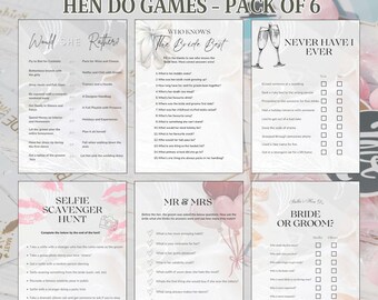 ヘンパーティーゲームバンドル、ブライダルシャワーと独身パーティーゲームカード6枚 - 印刷可能なPDFパック - 誰が花嫁を知っているのか、ミスターミセス、彼女はむしろ