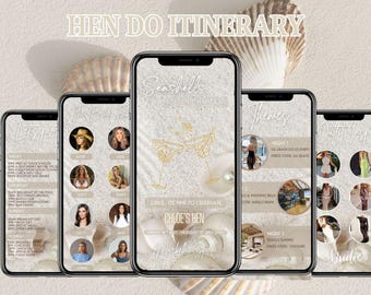 Peut inclure: Cinq smartphones affichant un itinéraire d'enterrement de vie de jeune fille. Les écrans présentent un thème de coquillages et de mariage avec le texte "Seashells & Wedding Bells" et "Girls, it's time to celebrate Chloe's Hen". L'itinéraire comprend des thèmes et des inspirations de tenues.