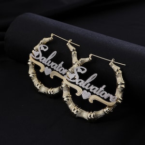 Pendientes de bambú personalizados, pendientes de bambú con nombre, pendientes de aro de bambú con nombre personalizado en oro de 18 quilates, joyas con monograma, aros personalizados, regalo para mamá