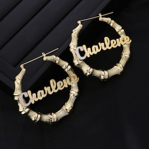 18k Gold Bamboo Custom Name Hoop Earrings, Custom Earrings, Name Bamboo Earrings, Bamboo Hoop Earrings, Personalized Gift Women Mother