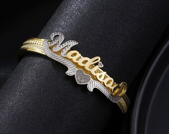 Personalisierte Doppel Name Armreif, 18K Vergoldetes Messing Armband
