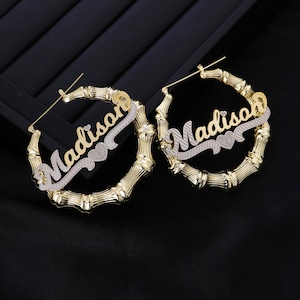 Personalized Earrings,Custom Bamboo Earring Name,18K Gold Heart Bamboo Earrings,Personalized Gifts, Women Jewelry,Personalized Gifts for Her
