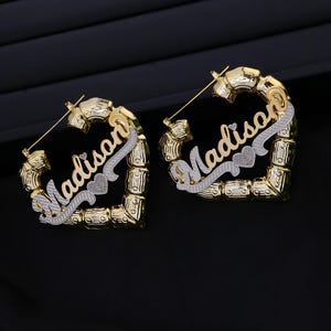 Custom Name Bamboo Earrings: 18k Gold Heart, Personalized Jewelry