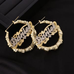 18k Gold Personalized Name Hoop Earrings: Bamboo Font Monogram