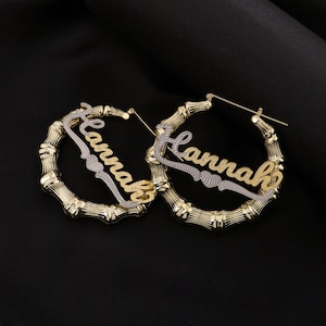 18k Heart Bamboo Name Earrings, Hoop Name Earrings, Gold Name Earrings, Nameplate Earrings, Personalized Name Earrings Gift, Christmas Gifts