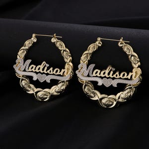 Personalized 18k Gold Heart Bamboo Name Earrings