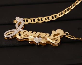 Double Name Plate ,3D Name Necklace ,Gold Diamond Name Necklace, Double Plated Necklace, Personalized Necklace for Women