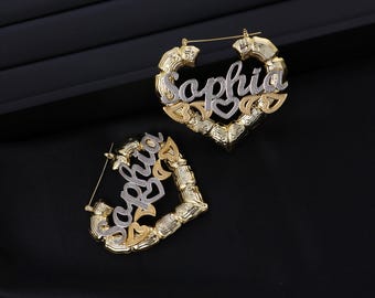 Custom Name Bamboo Hoop Earrings, Personalized Nameplate Earrings