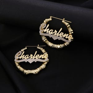 Personalized 18K Gold Bamboo Hoop Earrings: Custom Nameplate Jewelry