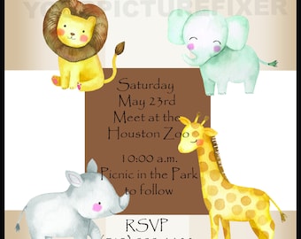 Custom Birthday Invitation, Children, Zoo, Watercolor, Boho, Rainbow, Giraffe, Hippo, Lion, Elephant, Kids, Digital
