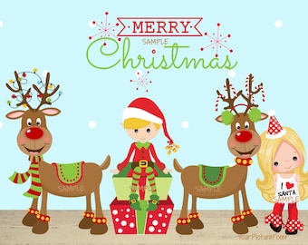 Digital Christmas Cards, Elves,Reindeer, Lights, Winter, Custom
