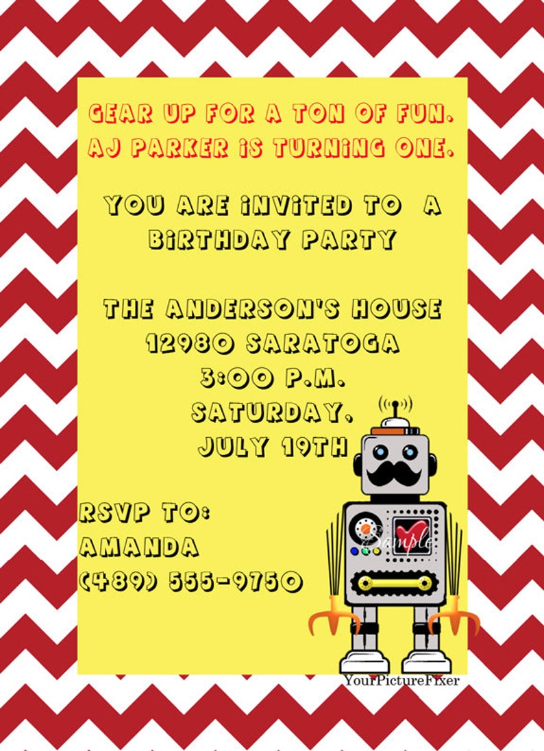 robot birthday party invitation retro vintage chevron android children robot party invitations