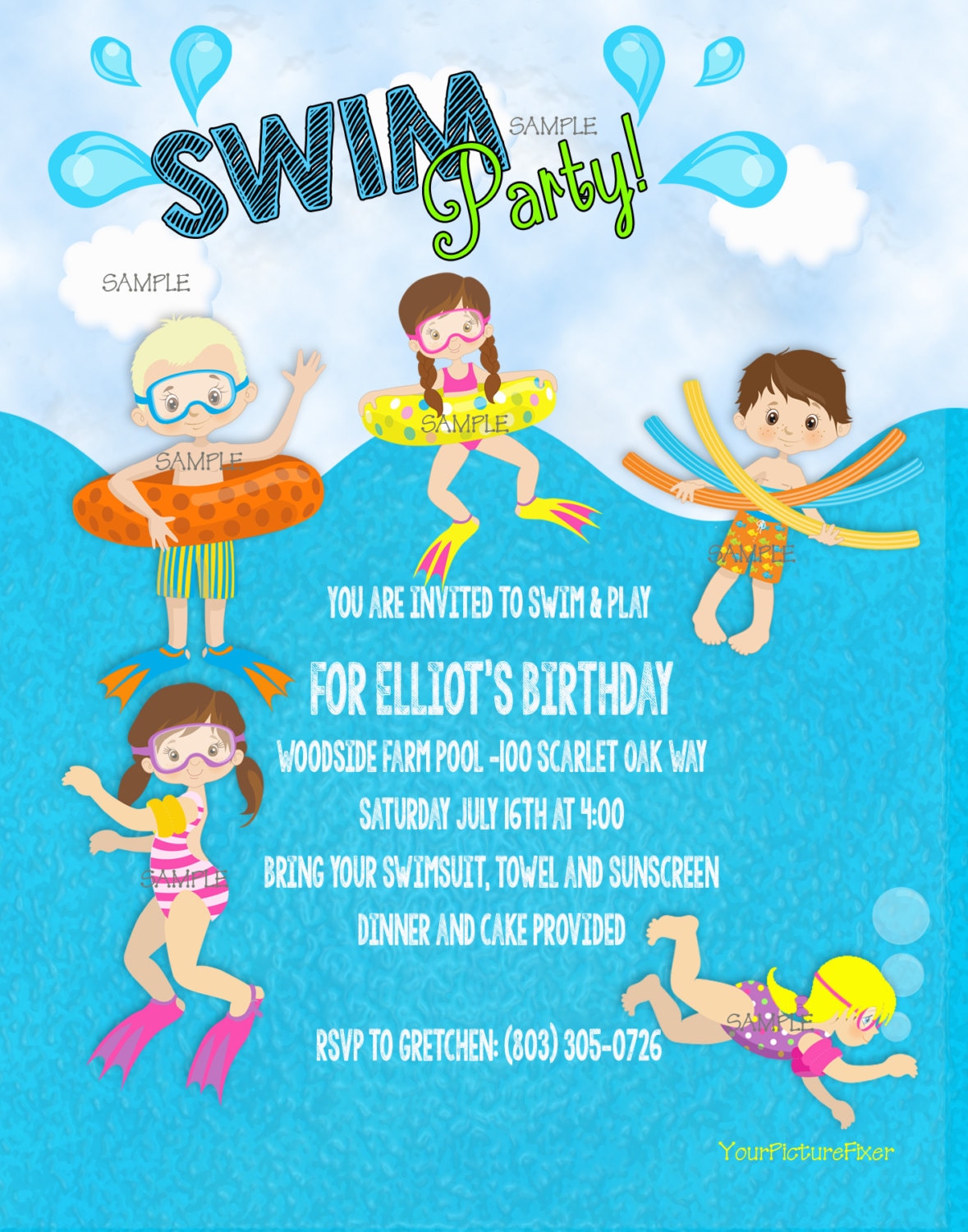 Custom Swim Party Invitations, Digital Party Invitation, Printable ...