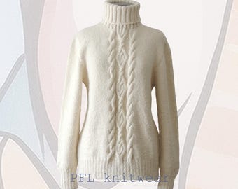 Hand-Knitted Eco Baby Alpaca Sweater, Creme White Cable Knit Cowl Neck