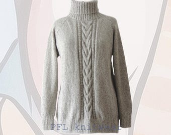 Hand-Knitted Baby Alpaca Sweater, Cable Knit Cowl Neck, Chic Gray