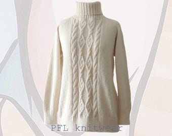 Hand-Knitted Alpaca Blend Cowl Neck Sweater, Cable Knit, Creme White