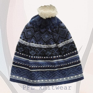 Unisex  beanie alpaca blend blue - black, hat with pom pom white