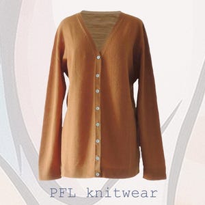 Classic cardigan fine knitted, V-neck cardigan and mother of pearl button closure 100% baby alpaca sandstone orange