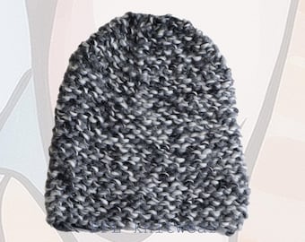 Chunky Knitted Beanie Hat, Natural Wool, White, Gray & Black color blend, Cozy Winter Fashion.