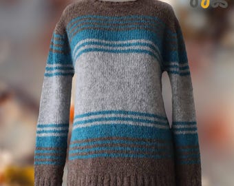 Women’s alpaca pullover - sweater, soft brushed texture, winter warm with three-color stripe design.