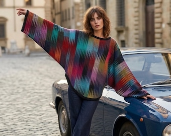 Jersey de alpaca, jersey extragrande multicolor con mangas tipo murciélago, estilo boho chic sofisticado.
