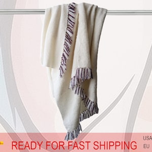 Brushed Alpaca blend Throw Blanket | Handwoven with fringes with contrasting bouclé details, 71 x 51 inch
