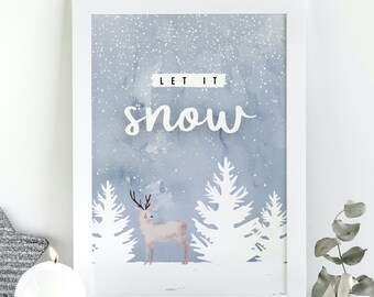 Descarga digital Let it snow, decoración de pared de invierno, impresión navideña, descarga digital navideña, decoración de ciervos de invierno, decoración de nieve
