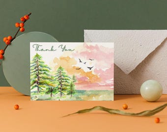 Impresión de agradecimiento con motivos amaderados en acuarela, tarjeta de agradecimiento, tarjetas imprimibles, tarjeta de acuarela, tema al aire libre, tarjetas genéricas