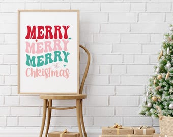 Descarga digital de Feliz Navidad, arte mural navideño, impresión mural navideña, descarga digital navideña, decoración navideña brillante, Navidad elegante