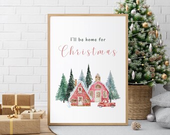 Descarga digital &quot;Estaré en casa para Navidad&quot;, decoración navideña de estilo rústico, decoración de pared navideña, impresión navideña, impresión navideña minimalista