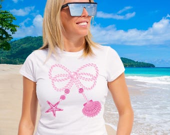 Pink Pearl Bow with Seashells for a Cute Beach Tee! Sublimation- High Res PNG and MORE!