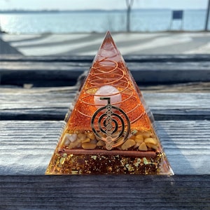 Medium size crystal pink ball Orgonite Seven chakras Pyramid - Gold leaf rolling stone Healing Copper wire adds energymeditator