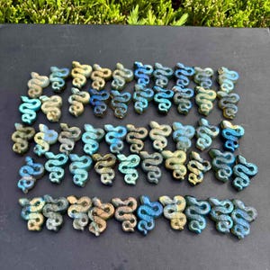Op de afbeelding: Een verzameling van 40 labradoritslangen-beeldjes, elk met een uniek, iriserend blauw, groen en gouden kleurenschema. De beeldjes zijn klein en gedetailleerd, met een gladde, gepolijste afwerking.