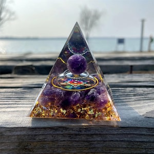 Amethyst Orgonite Pyramid: 24K Gold Leaf, Crystal Healing Decor