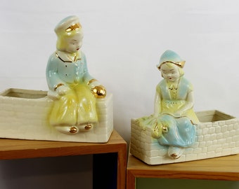 Vintage Dutch Boy and Girl Planters Mid Century with gold highlights (B)