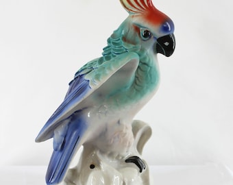 Cockatiel Porcelain Figurine, Vintage Steatyt  Polish Porcelain Bird Figurine, ZB Katowice Tropical Island decor (A)