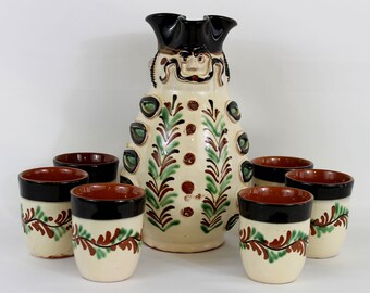 Vintage Hungarian Folk Art Redware Pottery Soldier Jug Miska Pitcher with cups (B)