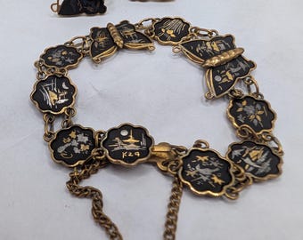 Butterfly bracelet & earring set, vintage 1930's Japan Damascene 24k gold and enamel