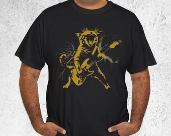Funny Rock Cat Guitar T-Shirt, Vintage Retro Music Graphic Tee, Rocker Cat Shirt, Unisex