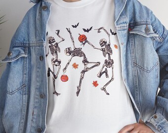 Funny Dancing Skeletons Halloween T-Shirt, Spooky Graphic Tee for Women