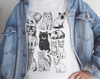 Vintage 90s Cats Tattoo Style T-Shirt, Retro Y2K Kitten Shirt, Cat Lovers Gift Tee