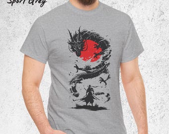 Mythical Dragon Art Graphic Tee, Warrior Samurai Shirt, Vintage Japanese Style T-Shirt