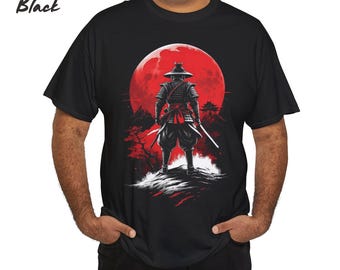 Japanese Warrior and The Moon Graphic Tee, Samurai T-shirt for Men, Streetwear Katana Shirt