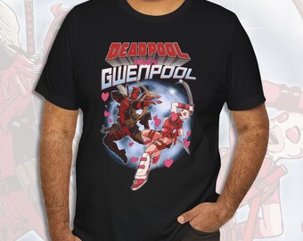 May include: Black t-shirt with a graphic print of Deadpool and Gwenpool in a heart-shaped frame. The text "DEADPOOL loves GWENPOOL" is printed in red and white letters.