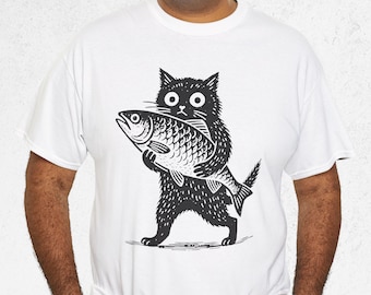 Funny Cat with Fish T-Shirt, Vintage Black Cat Graphic Tee, Retro Whimsical Feline Art
