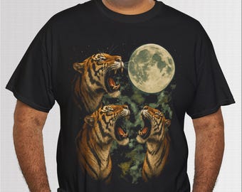 Three Tiger Moon T-Shirt, Vintage 90s Tiger Howling graphic Tee, Big Cat Lover Gift