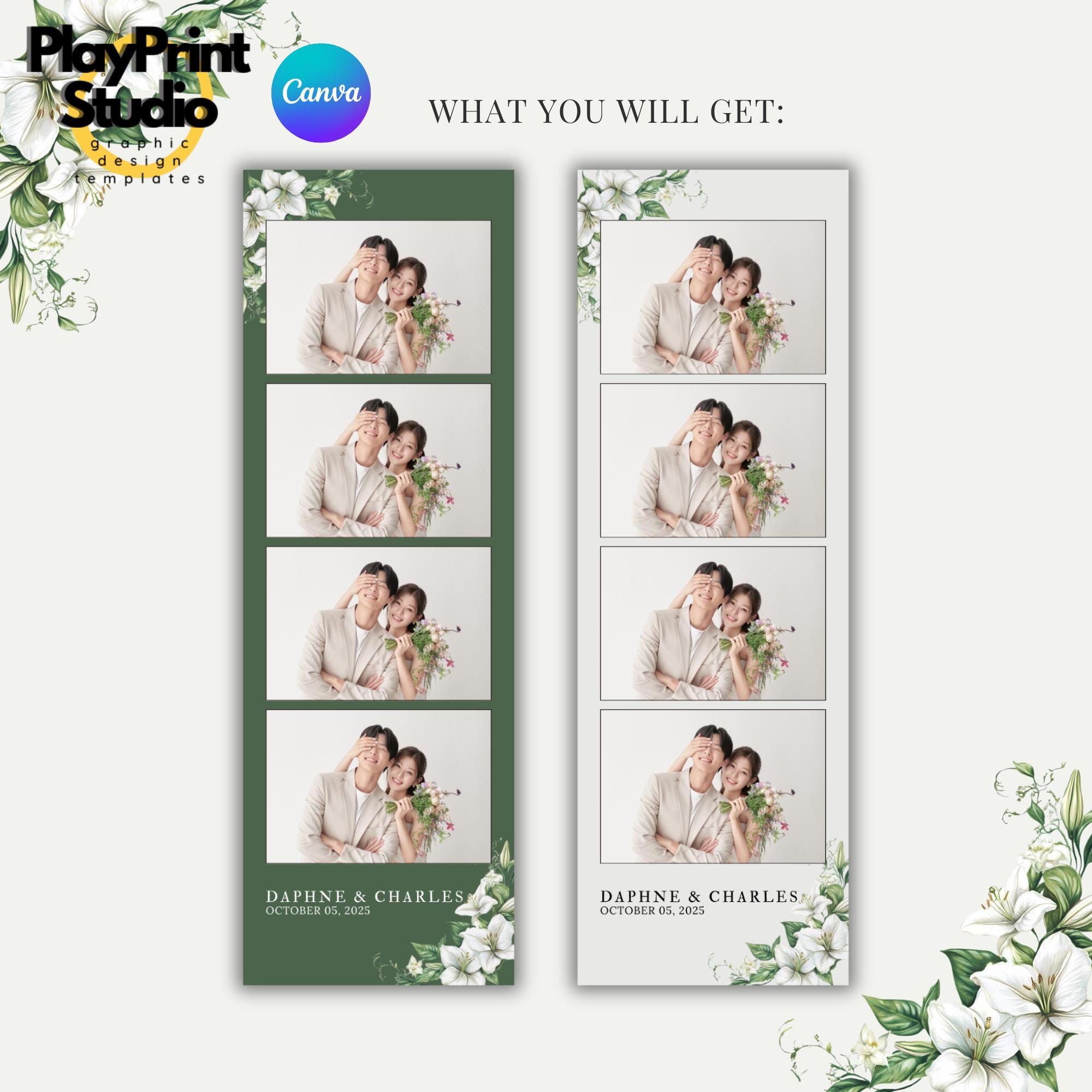 White and Green Wedding Photobooth Template - Etsy
