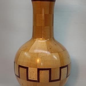 Maple and Walnut Greek Key vase segmented woodturning