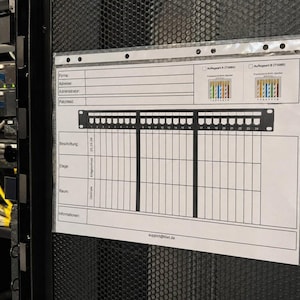 Könnte beinhalten: Ein weißes Patchpanel-Dokumentationsblatt in einer transparenten Kunststoffhülle mit einem Raster für 24 Ports, Schaltplänen für T568A und T568B sowie Feldern für Firma, Adresse, Administrator, Etage, Raum und eine E-Mail-Adresse für Support.